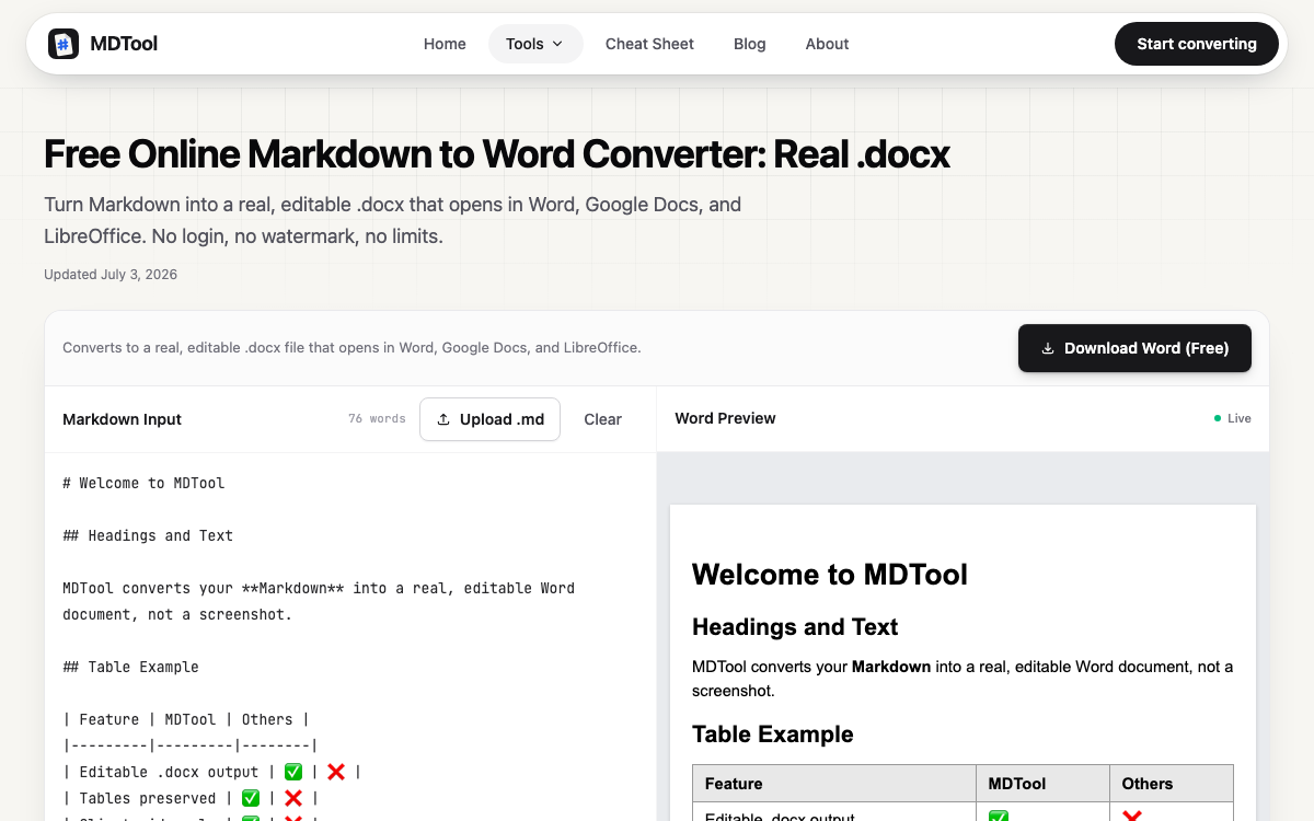 MDTool Markdown to Word converter